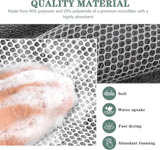 SINLAND Microfiber Dish Cloth for Washing Dishes Dish Washing Rags Best Kitchen Washcloth Cleaning Cloths Wash Cloths with Poly Scour Side 7.87Inchx7.87Inch 10 Pack Grey