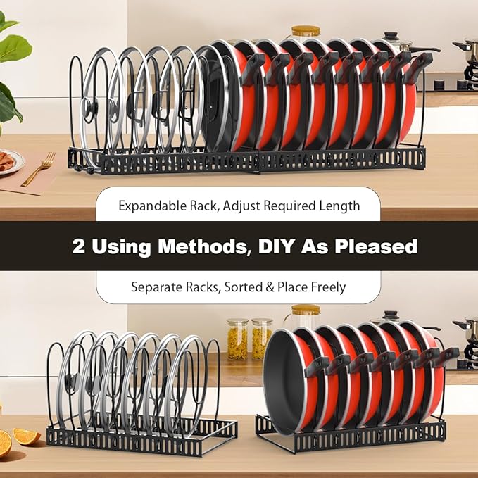 Housolution Pot and Pan Organizer Rack for Cabinet, Expandable Pot Lid Organizer Holder with 14 Adjustable Dividers