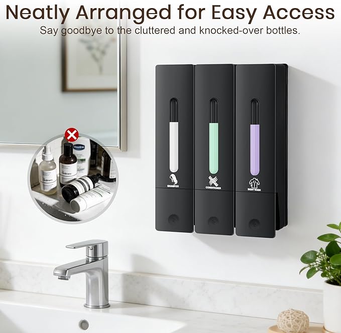 3 Chamber Shampoo and Conditioner Dispenser, No Drill - Wall Mounted Shower Soap Dispenser, Refillable Body Wash Dispenser Set 3, 1200ML Large Capacity, for Bathroom & Hotel, Black