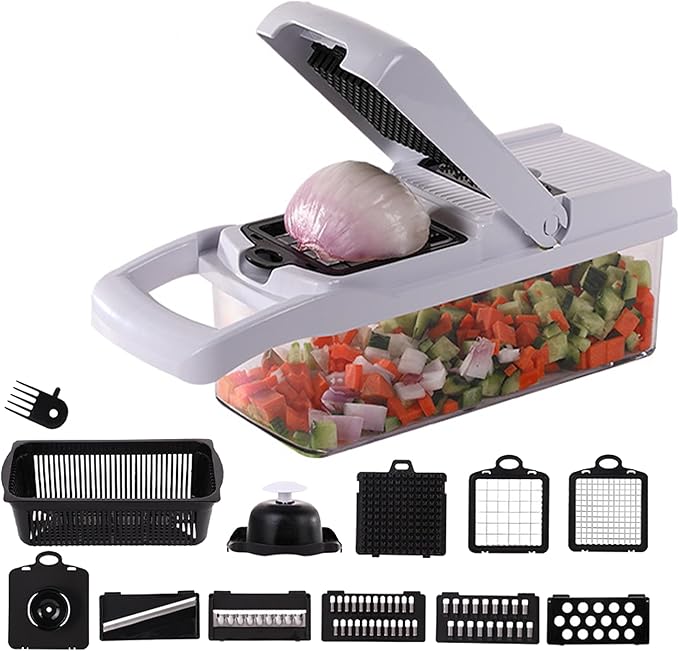 Vegetable Chopper: 10 in 1 Food Chopper - Onion Vegetable Slicer Cutter Dicer, Veggie Cutter with Container, 7 Blades, Kitchen Gadgets for Carrot Salad Garlic Potato Slicer (Black/White)