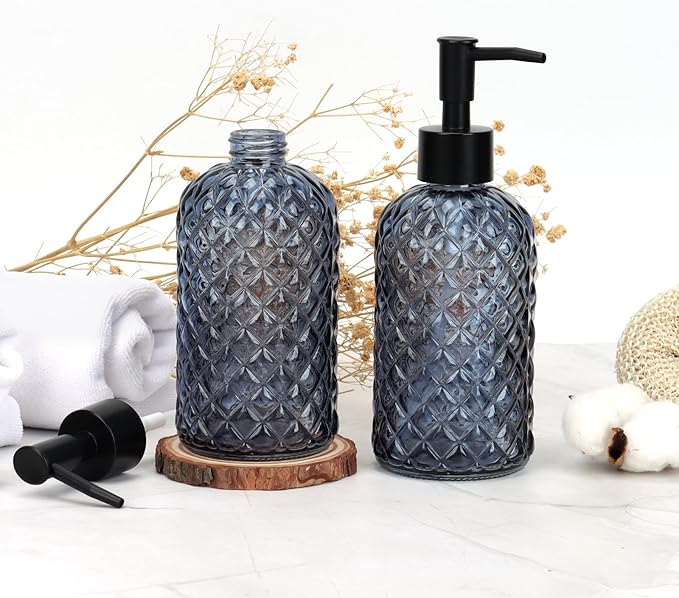 13.5Oz Gem Design Soap Dispenser with Plastic Pump, Refillable Glass Soap Dispenser for Hand Soap, Dish Soap, Lotion (Blue Grey)