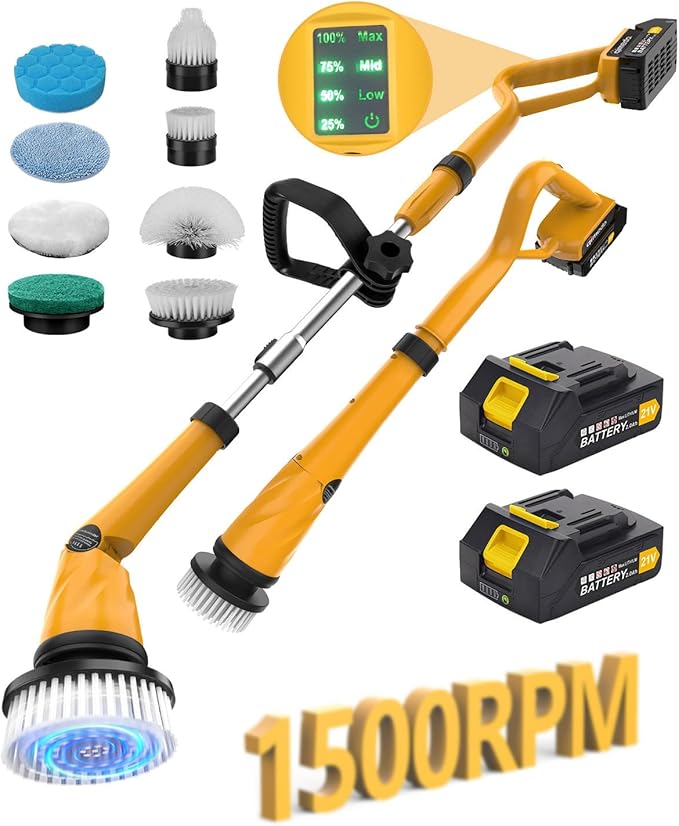 Qimedo 1500 RPM Electric Spin Scrubber with Two Batteries Q2 Pro, Cordless Battery Powered Shower Scrubber,Electric Tile Floor Scrubber with Display for Grout/Tile/Tub (Effortless Handle/8 Brushes)