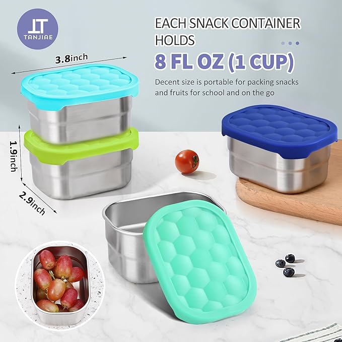Tanjiae 4Pack 8oz Small (1 CUP) Stainless Steel Snack Containers for Kids | Reusable Easy Open Toddler Snack Containers with Silicone Lids | Stackable Toddler Lunch Box for Daycare, School and Travel