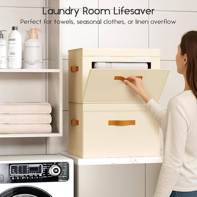 Homsorout Large Storage Bins with Lids - Front Opening Fabric Storage Bins, Flap Closet Organizer with Handles, Collapsible Boxes with Lid, Decorative Basket for Home, Dorm, 4 Pack, Beige