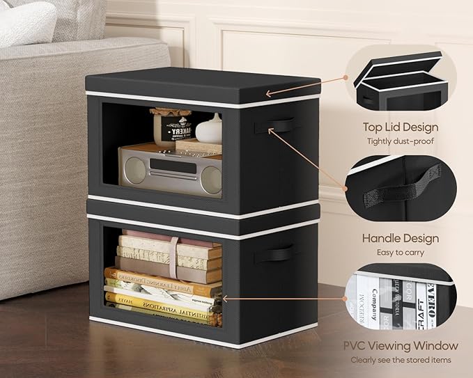 Homsorout Collapsible Storage Bins with Lids - Stackable Storage Containers with Window, 3 Pack Fabric Bins for Closet, Home & Office Organization Baskets, Black, 14.9" x 9.8" x 9.8"
