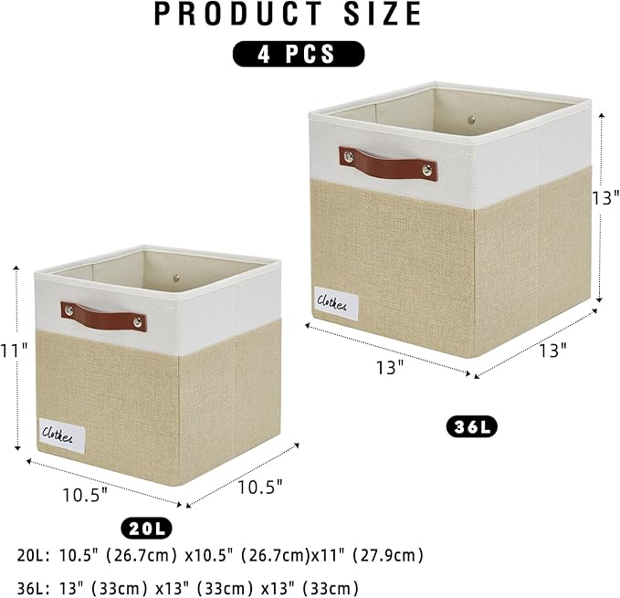Bagnizer Collapsible Fabric Storage Cube Bins with 2 Reinforced PU Handles, Foldable Storage Organizer Baskets for Closet, Shelves, Living Room | 11"x11"x11", 4 Pack, Beige & White