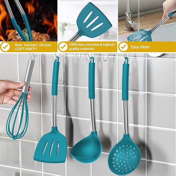 15 Pcs Silicone Cooking Utensils Kitchen Utensil Set - Umite Chef 446°F Heat Resistant Stainless Steel Handles Kitchen Gadgets Tools Set for Nonstick Cookware(Blue)