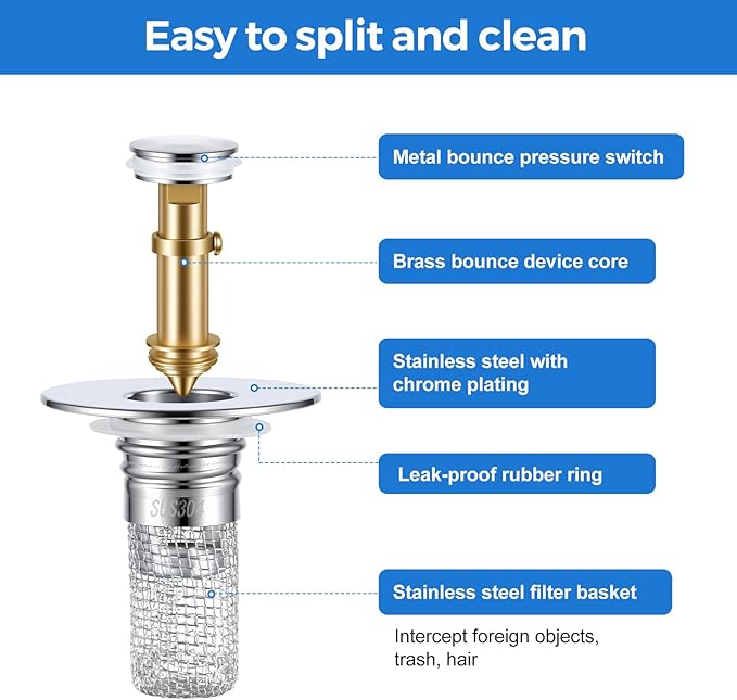 Bathroom Sink Stopper Hair Catcher, Pop-up Sink Drain Strainer with Removable 304 Stainless Steel Strainer Basket Hair Catcher