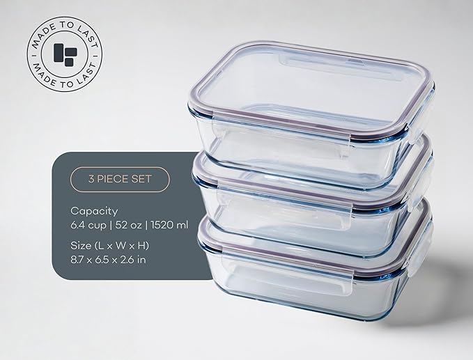Large Glass Food Storage Containers with Lids | 3 Pack Set 52oz/6.4 cup