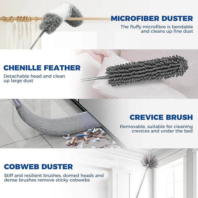 9Pcs Dusters for Cleaning Kit, Extendable Microfiber Duster Tools with 100" Long Pole, Retractable Gap Bendable Dust Cleaner