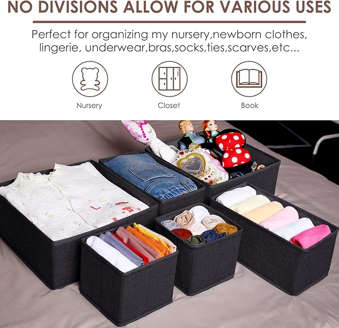 Criusia 6 Pack Clothes Drawer Organizer Dividers, Fabric Foldable Closet Dresser Drawer Organizer for Clothing, Bra Sock Underwear Drawer Organizer for Nursery Bedroom Organization (6 Bins, Black)