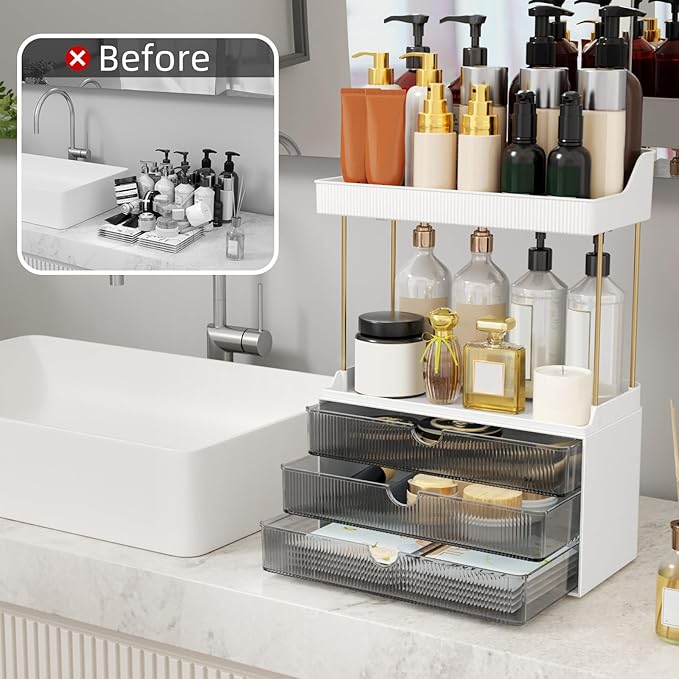 Strong 3 Drawers Bathroom Counter Organizer, 5 Tier Makeup Organizer