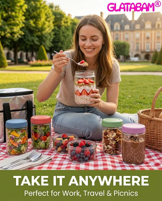 18 OZ 8Pack, Overnight Oats Jars with Lids, Glass Meal Prep Containers, Airtight Mason Jars for Breakfast, Yogurt Parfait, Salad & Smoothies