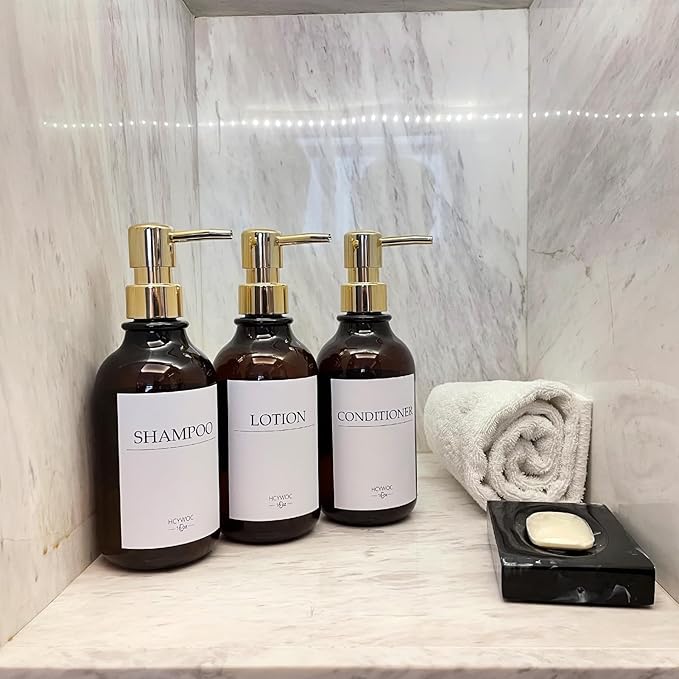 Shampoo Dispenser for Shower Wall, Shampoo and Conditioner Dispenser with 16 Waterproof Labels, No Drill Shower Soap Dispenser Bathroom, Shower Soap Dispenser Wall Mounted,17oz, 3 Pack, Gold Amber