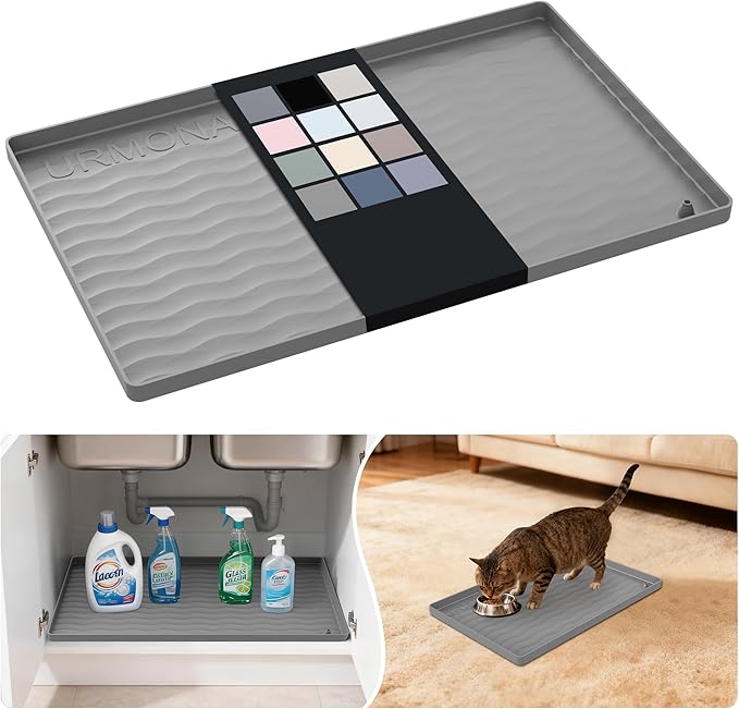 URMONA Waterproof Silicone Under Sink Mat 19'' x 12'' Shelf Liner for Kitchen and Bathroom, Cabinet and Counter Protector, Storage and Organizers, Litter Mat, Pet Cat Puppy Essentials(Beige)