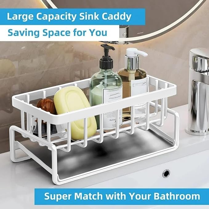 Kitchen Sink Sponge Holder, Rustproof 304 Stainless Steel Sink Caddy Kitchen Sink Organizer with High Brush Holder,Kitchen Sink Organizer for Dish Brush,Sponge,Soap Dispenser,