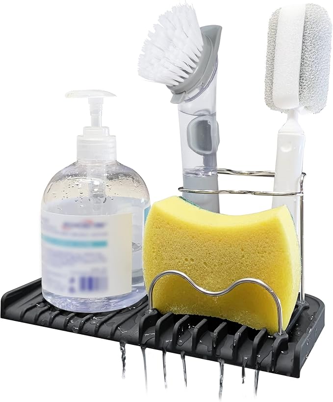 Gosmol Silicone Sponge Holder Rack Dish Soap Holder for Kitchen Counter, Waterproof Sponge Soap Tray for Kitchen Sink Bathroom, Multipurpose Sink Caddy Organizer for Soap Dispenser Black