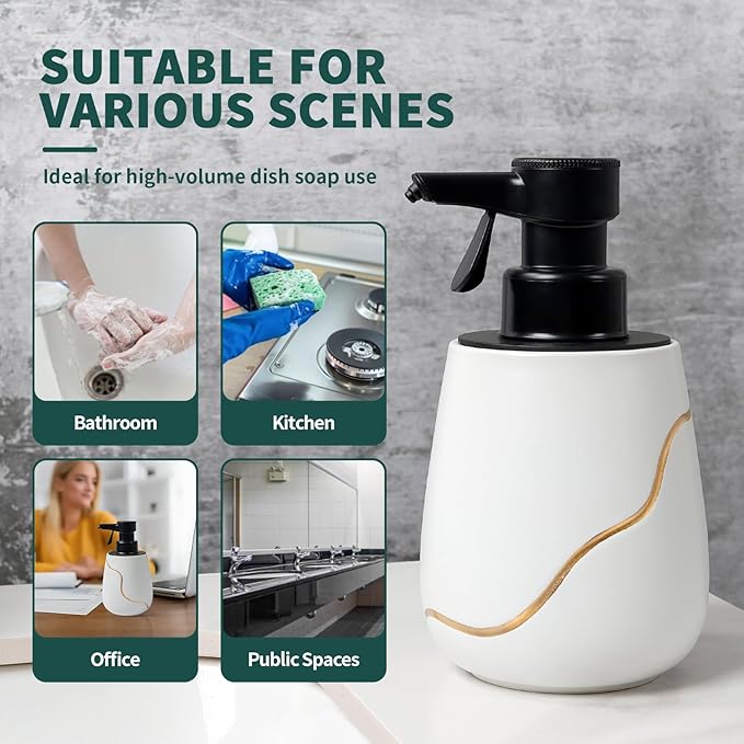 BosilunLife Automatic Foaming Soap Dispenser - Battery Operated Foam Hand Soap Electric Dispenser for Bathroom Ceramic Smart Auto Dish Soap Dispenser for Kitchen Waterproof, White,17 oz