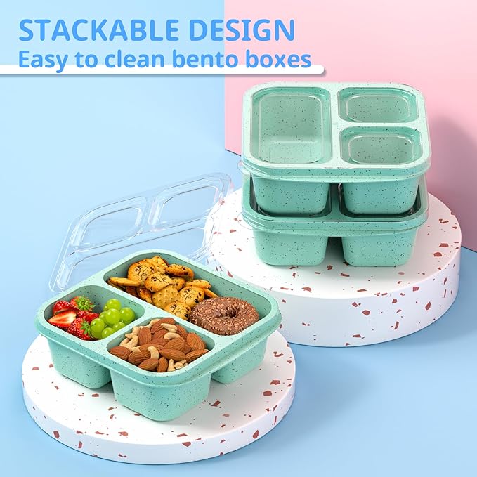 Snack Boxes (3 Pack) - Stackable Bento Boxes with 3 Compartments, Meal Prep Containers Reusable, Lightweight Lunch Containers for Kids and Adults