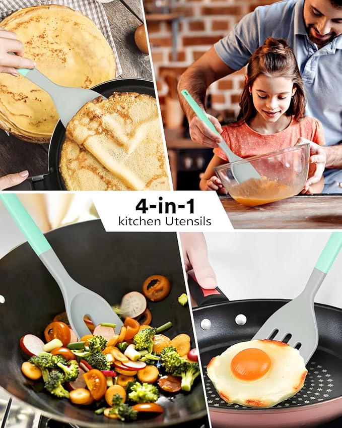 4Pcs Silicone Spatula Set, Food Grade Rubber Spatula, Two Color Upgrade Strong Handle with Ergonomic Grip, 600°F Heat Resistant Silicone Spatula Turner Spoon for Nonstick Cooking