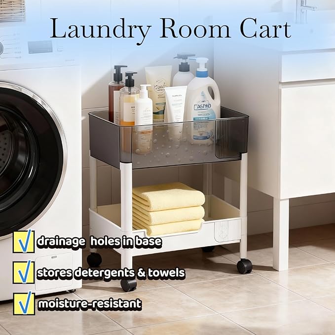 2 Tier Rolling Cart with Wheels for Under Desk Storage, Heavy Duty Plastic Short Small Utility Cart for Small Space Bathroom Vanity Makeup Organizer Pantry, 4.7'' Deep Baskets for Tall Bottles