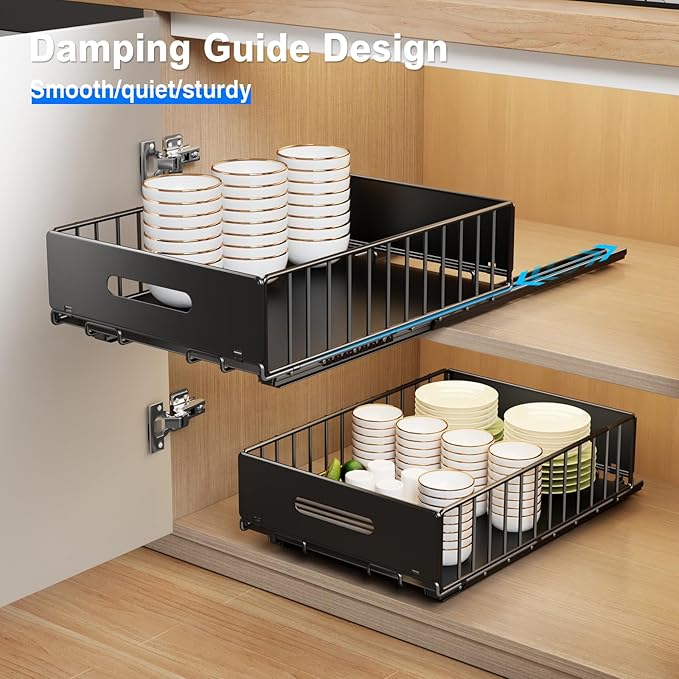 Mustorn 2 Pack Pull Out Cabinet Organizer, Slide Out Drawers for Cabinets, Peel and Stick, Heavy Duty Shelves for Kitchen, Cupboard, Pantry, Bathroom (16.5"D*11.8"W*3.94"H-Black)