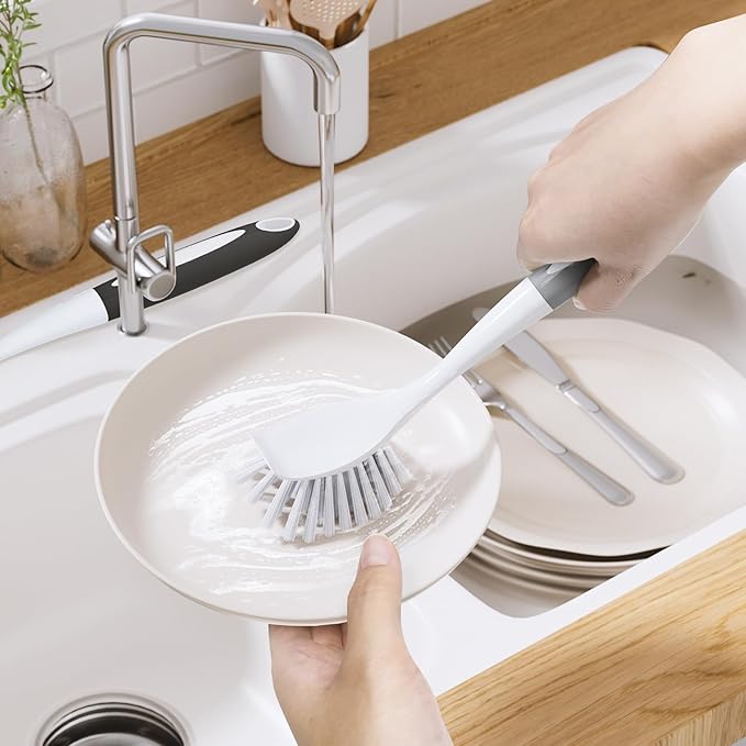 Amazer Dish Brush, 2 Pack Dish Scrubber with Handle, Kitchen Dishes Brushes, Scrub Brush with Stiff Bristles for Cleaning, Sink, Pots, Pans