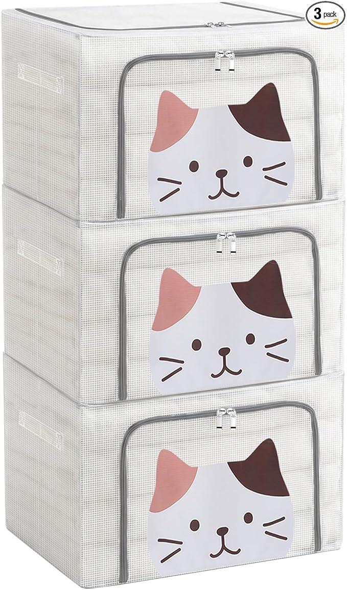 3 Pack Clear Storage Bins with Metal Frame,Waterproof Stackable Organizer Box with Durable Handles,Foldable Closet Container for Bedding, Clothes(Cute Cat,66L)