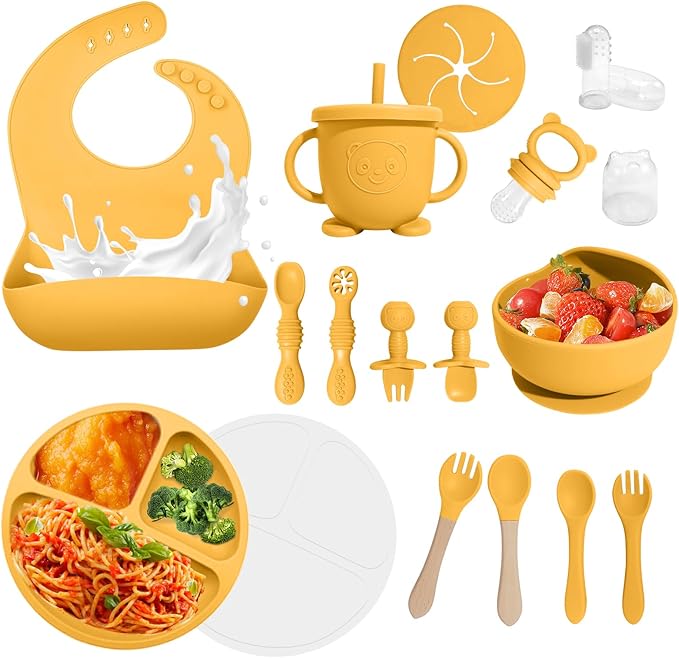 Baby Led Weaning Supplies, 17 Piece BPA-Free Silicone Feeding Set, Eating Essentials Baby Utensils with Suction Plate and Bowl, Pocket Bib