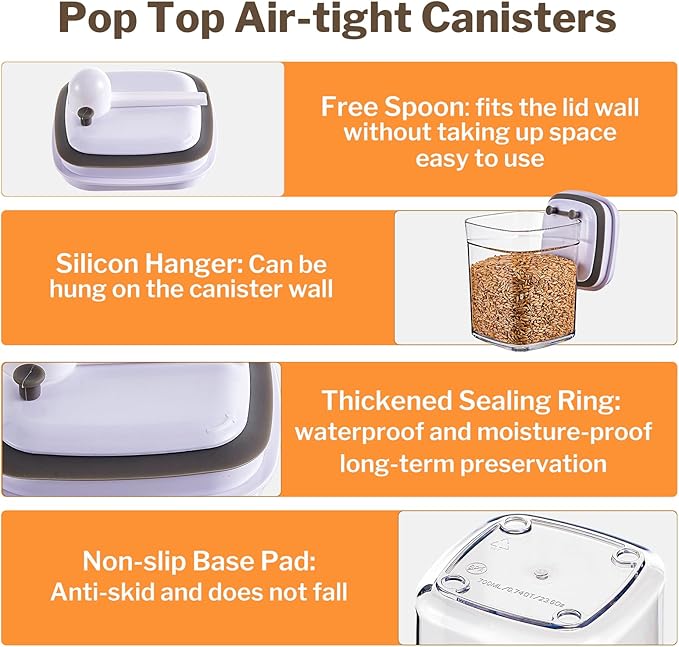 Pop Top Food Storage Container Set | 4Pcs Airtight Cereal Storage Organizer Canisters with Pop Lids, BPA-Free, Vacuum Seal & One-button Opening, Stackable Dry Food Storage(1.9qt*2,0.8qt,1qt