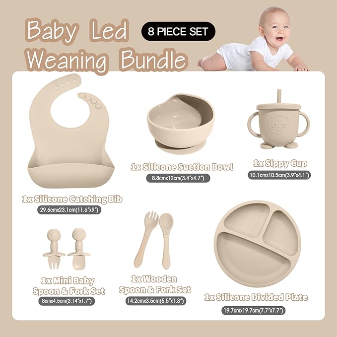 Baby Led Weaning Supplies, 8 Piece BPA-Free Silicone Feeding Set, Silicone Suction Bowl, Forks & Spoons, Bib & Cup, Develops Self Feeding Skills