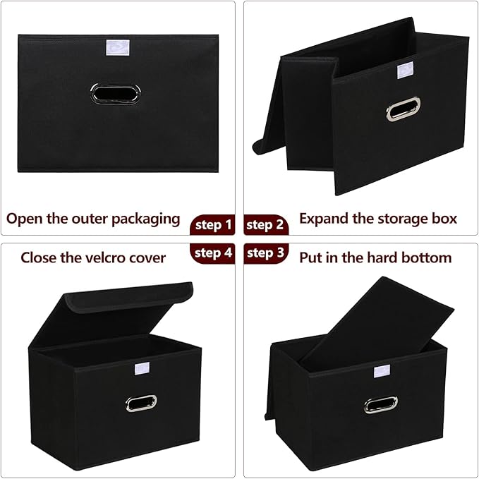 STOREONE Fabric Storage Cube Bins Foldable Organizer Container Collapsible Basket with Lids and Metal Handles, for Home, Bedroom, Closet 8 Pcs (Black)