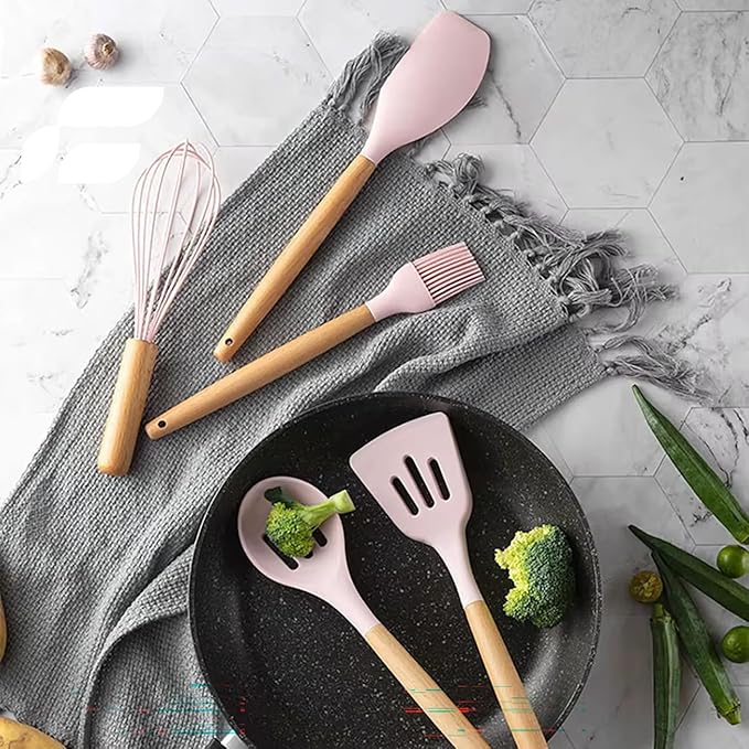 Premium Silicone Kitchen Cooking Utensils Set, 33pcs – 446°F Heat Resistant, Non-stick, BPA-Free, Wooden Handles, Spatula, Turner, Tongs, Spoon, Brush, Whisk – Essential Cooking Gadgets (Pink)