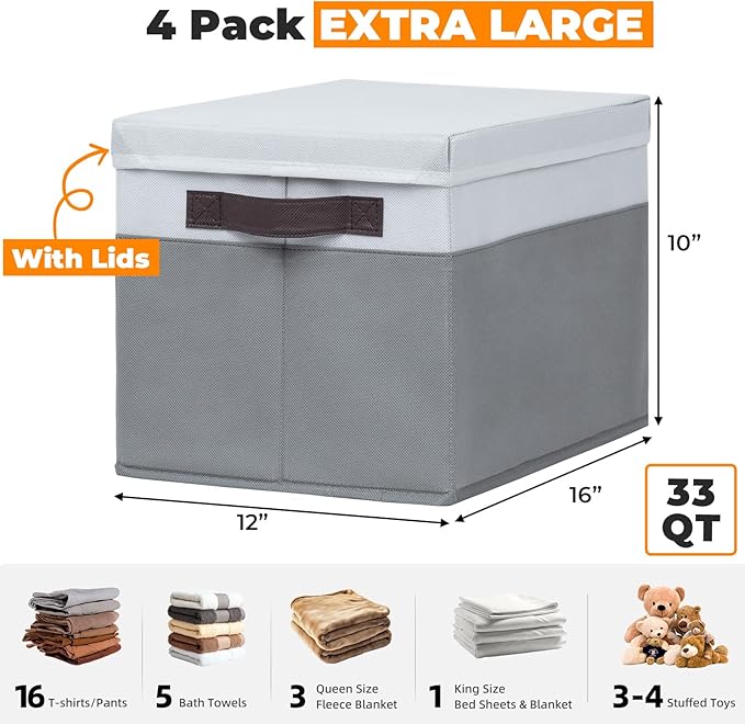 Extra Large Storage Baskets with Lids 4 Pack