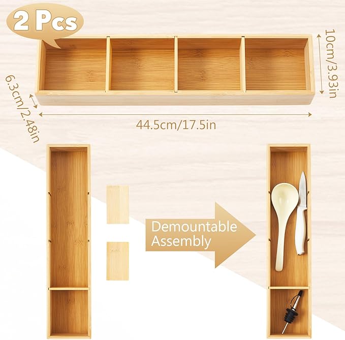 2 Pcs Bamboo Drawer Organizer with 3 Removable Dividers 17.5 x 4 x 2.5 Inch