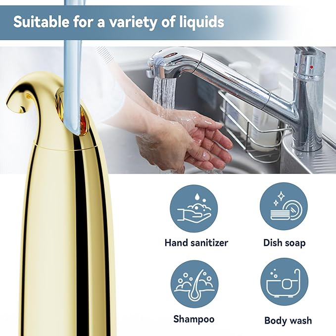 Automatic Soap Dispenser with Infrared Sensor - Adjustable 4-Level Touchless Hand Soap for Kitchen, Bathroom - Battery Operated Electric Dispenser, Durable Plastic, Smart Soap Holder (Battery Gold)