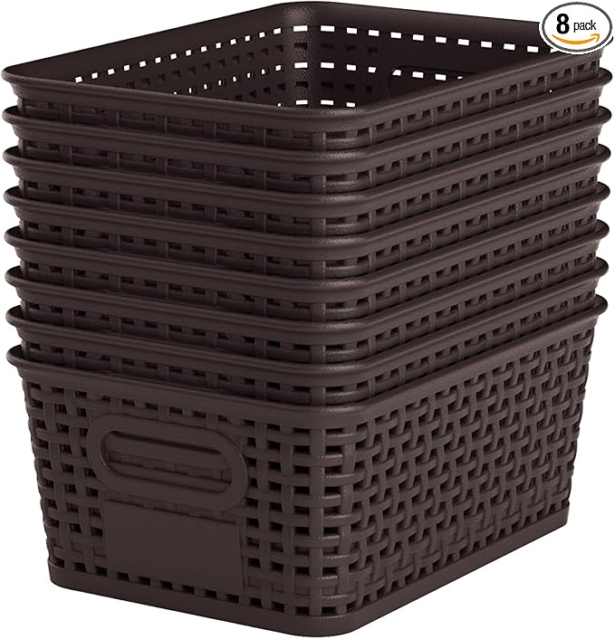 Brown Plastic Storage Baskets - Pack of 8 with Labels Stackable Durable Storage Bins, Storage Containers for Organizing Desktops, Closets, Playrooms