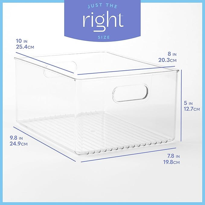 Plastic Food Storage 6 Pack Clear Container Bin with Handles for Organizing Kitchen, Pantry, Refrigerator, Freezer, Pantry, Cabinet, Closet