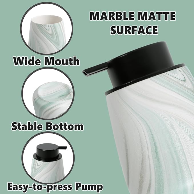 12Oz Foam Hand Soap Dispenser - Modern Ceramic Foaming Soap Dispenser with Easy-to-Press Pump, Reusable and Refillable Liquid Dish Soap Dispensers for Bathroom & Kitchen, Marble Green