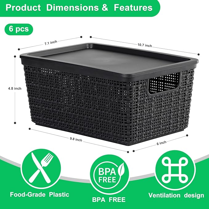 6 Pack Plastic Storage Baskets With Lids,Black Breathable Stackable Storage Bins,Small Storage Containers,for Organizing Storage Baskets on Desktops