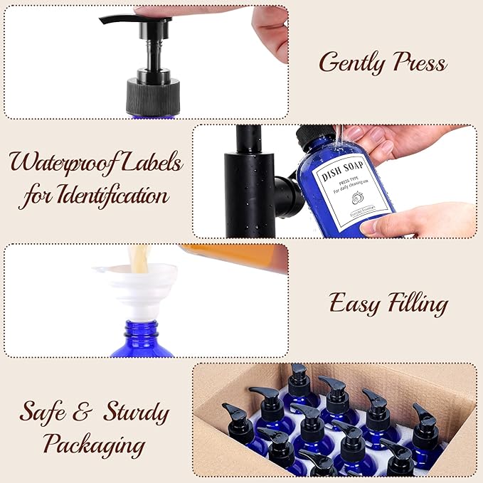 TBWIND 12 Pack 8oz Blue Glass Soap Dispenser Bottles with Pumps, Refillable Glass Bottles for Shampoo, Conditioner & Lotion, Ideal for Bathroom, Kitchen, Waterproof Labels & Funnels Included