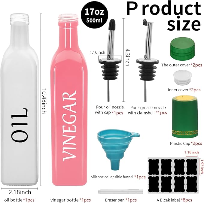 Olive Oil Dispenser Bottle,2 Pcs 17oz 500ml Glass O il and Vinegar Dispenser Set with 2 Stainless Steel Pourers, 8 Labels,Funnel Vinegar Bottles for Kitchen (White Oil & Pink Vinegar)