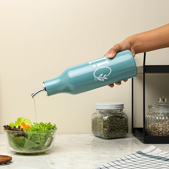 dudki 1 Litre Stainless Steel Oil Dispenser Bottle | Durable Metal Oil Pourer with Secure Leak-Proof Cap and Clean No-Drip Spout | Rust-Free Kitchen Oil Container for Everyday Cooking (Moss Green)