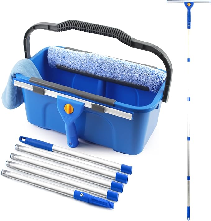 Professional Window Cleaning Kit with Bucket 3 Gallon, 76" Long Handle Window Squeegee and Microfiber Scrubber, High Windows Washing Equipment