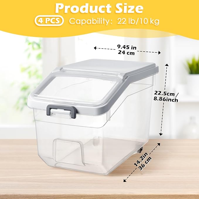Sunnyray 4 Pcs Rice Storage Container 22 lb Airtight Flour Container with Wheels Measuring Cup Clear Pet Food Cube Dog Cat Birds Food Bin Grain Cereal