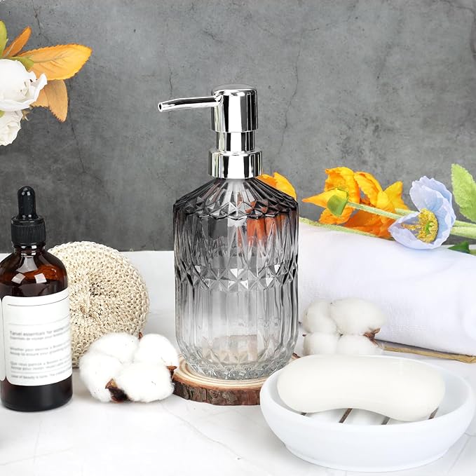 Glass Soap Dispenser with Plastic Pump, 2 Pack 12oz Gradient Diamond Hand & Refillable Lotion Dispenser & Dish Bathroom Soap Dispenser for Liquid, Shower Gel