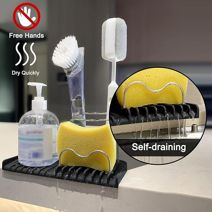 Gosmol Silicone Sponge Holder Rack Dish Soap Holder for Kitchen Counter, Waterproof Sponge Soap Tray for Kitchen Sink Bathroom, Multipurpose Sink Caddy Organizer for Soap Dispenser Black