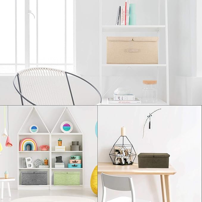 2 Pack Large Storage Boxes with Lids and Handles, Cream, Small
