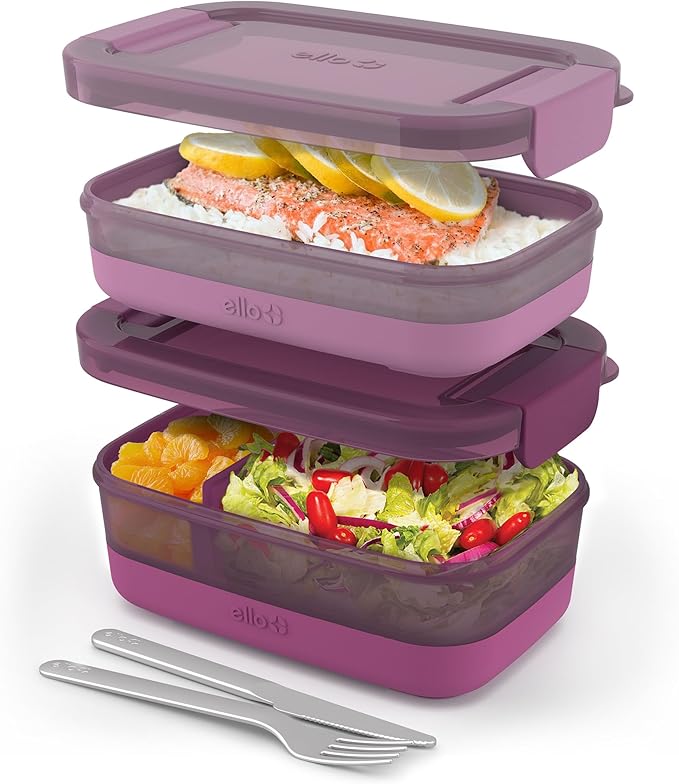 Ello 2-Pack Lunch Stack Plastic Food Storage Container Bento Box with Airtight, Leak-Proof Locking Plastic Lids and Silicone Base, BPA-Free, Freezer, Microwave, and Dishwasher Safe, Raspberry