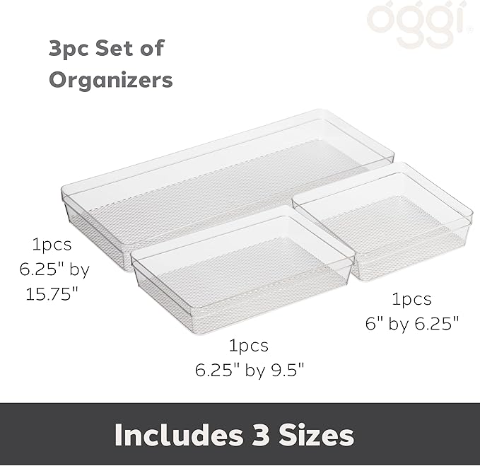 Oggi Set of 3 Clear Drawer Organizers - (1) 6x6.25, (1) 6.25x9.25, (1) 6.25x15.75 - Ideal for Organizing Kitchen Drawers, Office, Desk, Silverware, Kitchen Utensils, Cosmetics and Bathrooms